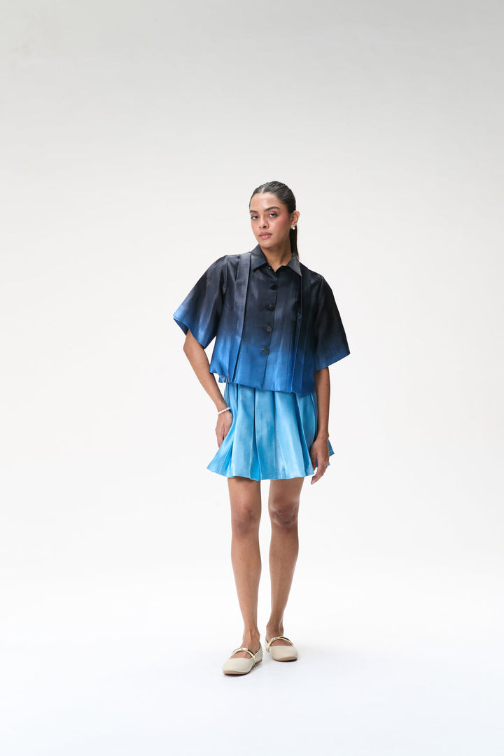 Midnight Blue Ombré Boxy Top & Blue Ombré Box Pleat Short Skirt
