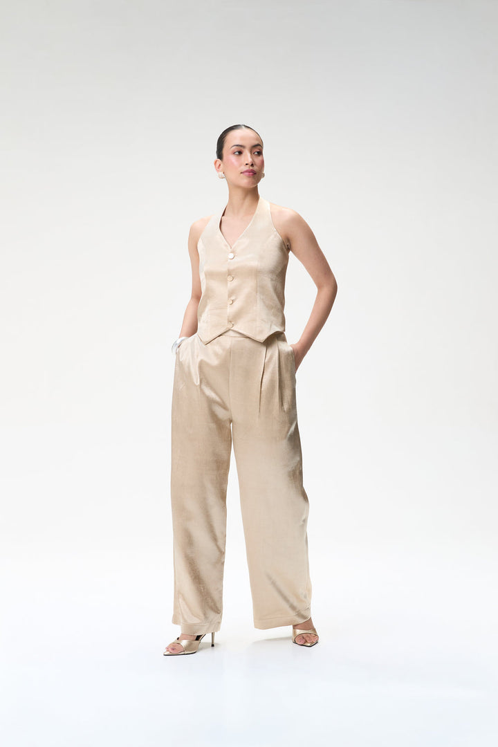 Champagne Halter Waistcoat With Gold Buttons & Champagne Trouser With Pleats