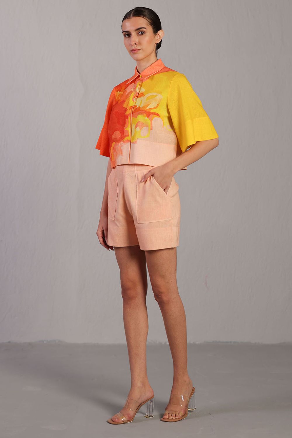 Diffuse bright orange & yellow shorts set