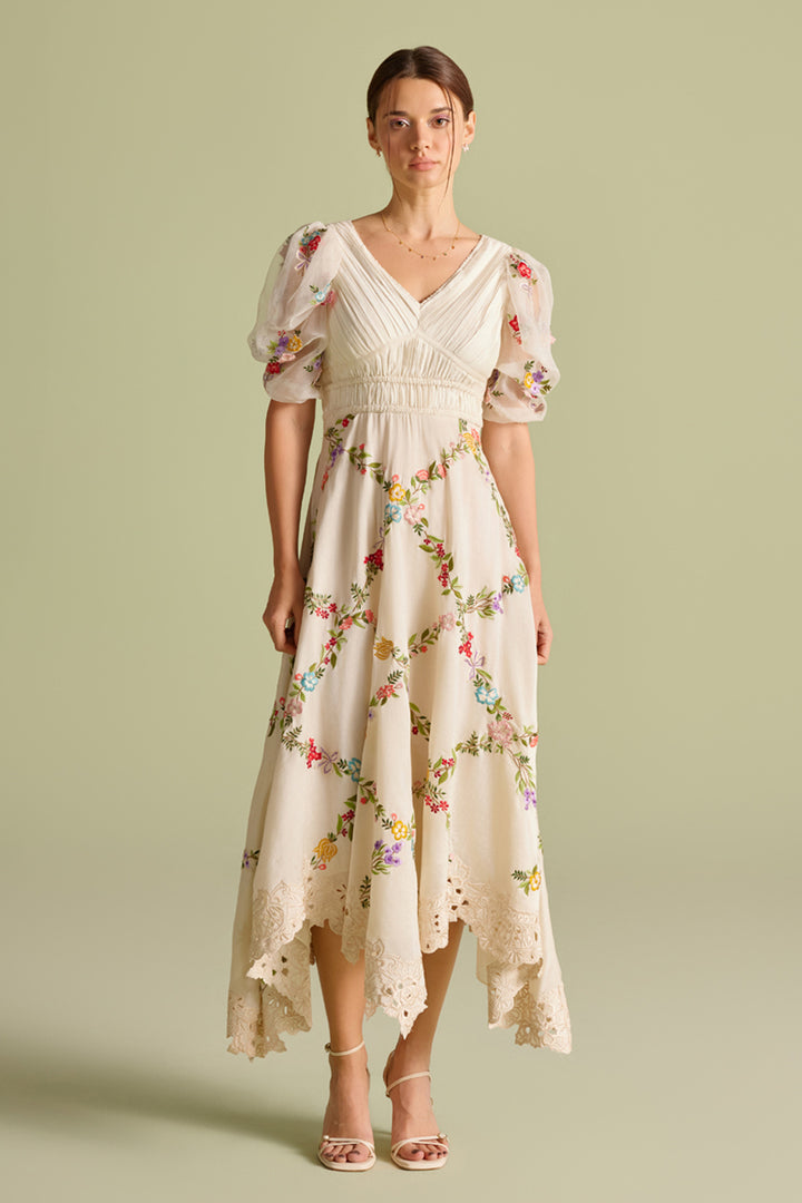 Ivory Floral Vines Embroidered Ruched Dress