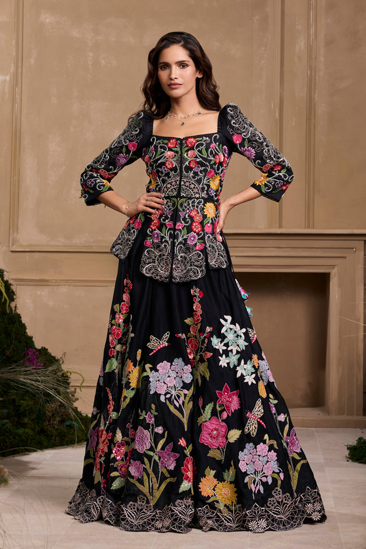 Black Floral Embroidered Panelled Jacket