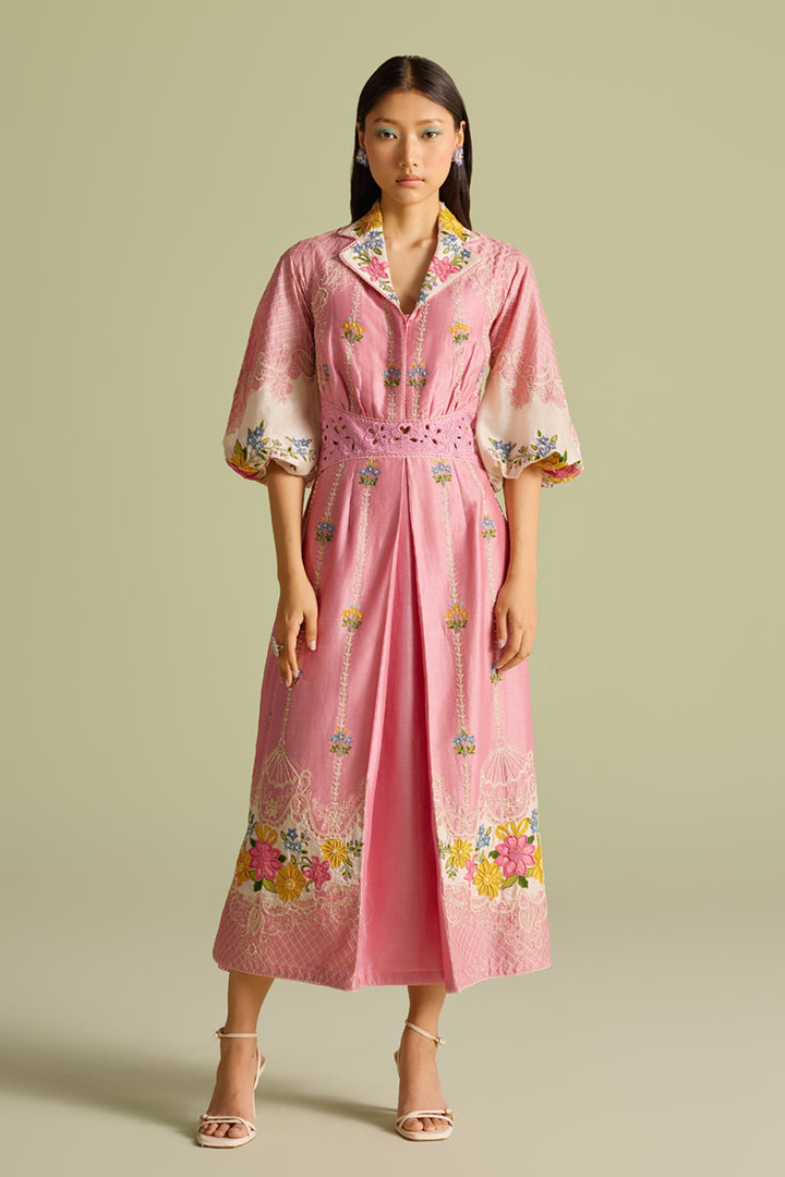 Pink and Ivory Color Block Embroidered Dress