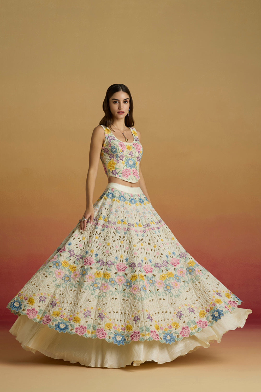 Ivory Pastel Floral Cordwork Lehenga