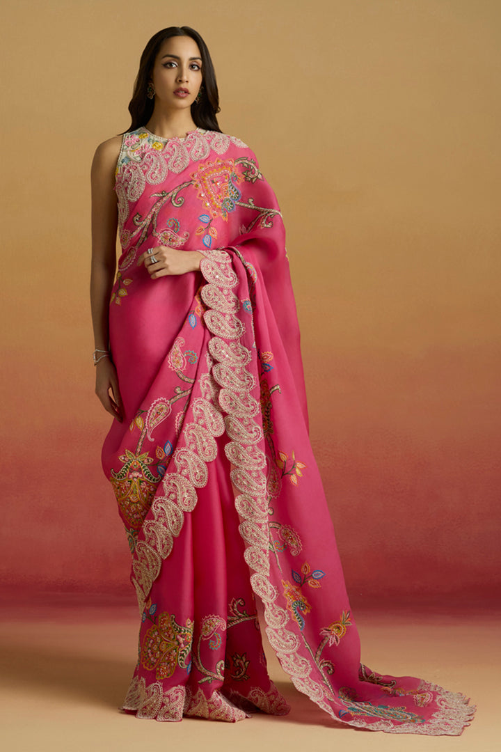 Hot Pink Contrast Cordwork Saree