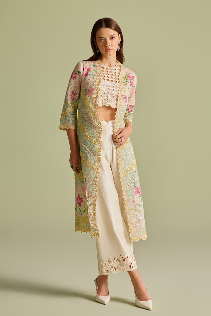Ivory & Aqua Applique Long Jacket