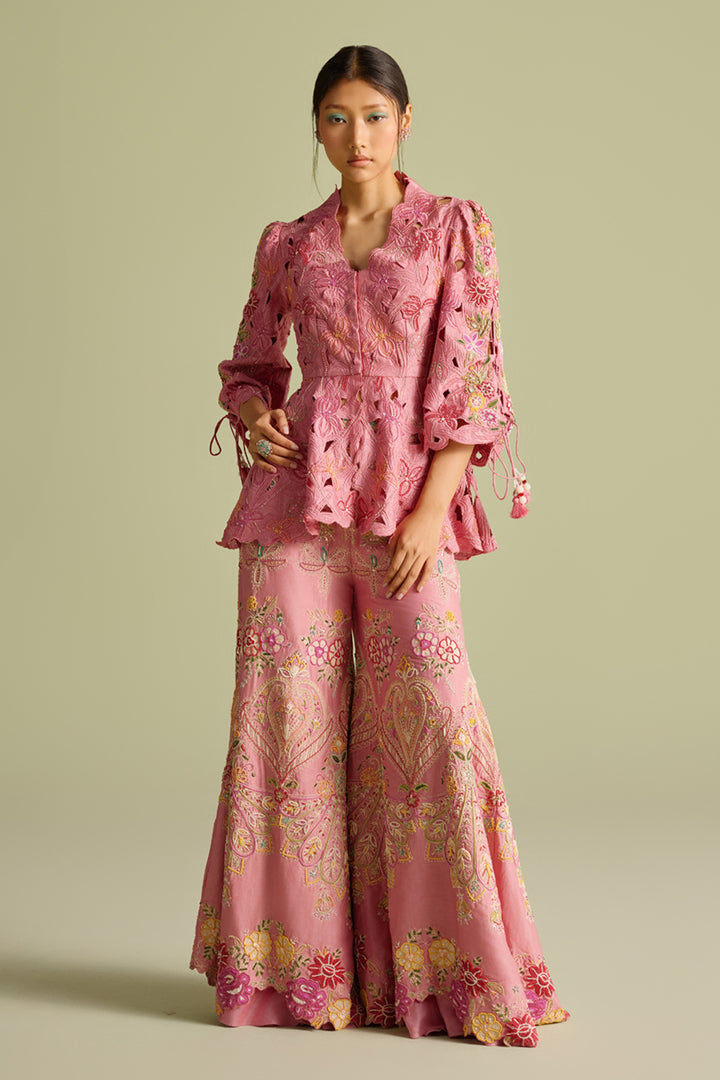 Pink Cutwork Peplum Jacket