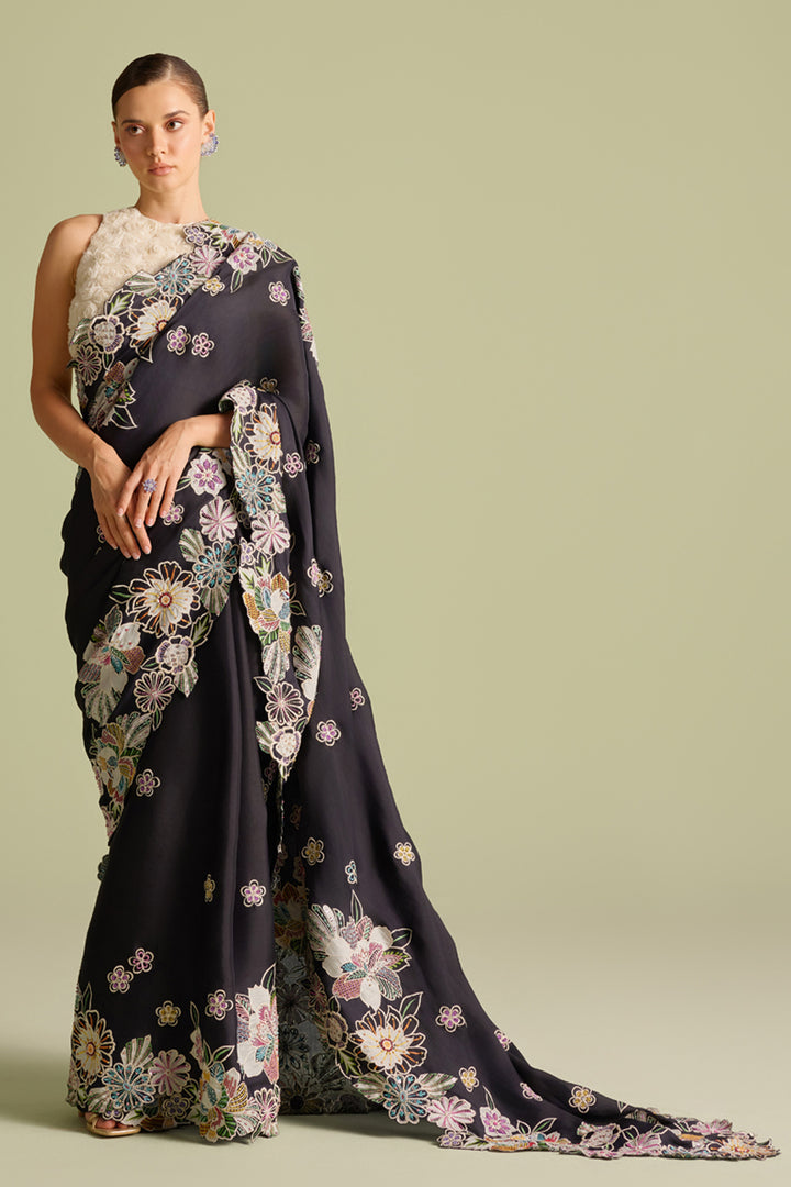 Black Contrast Applique and Threadwork Saree