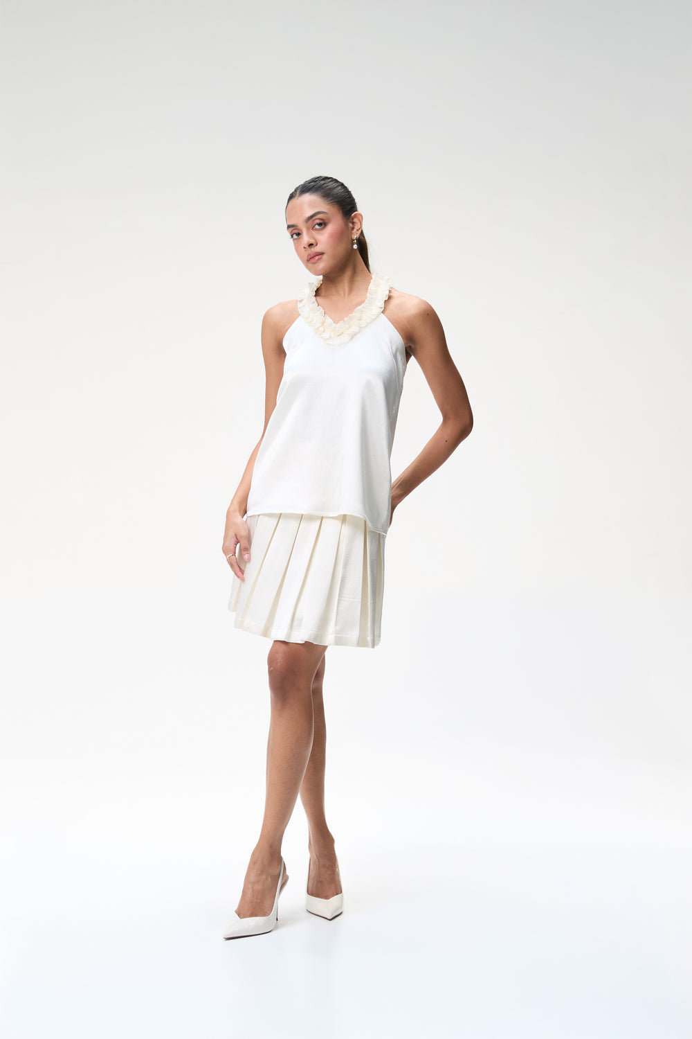 Ivory Halter Neck Top With Ruffle Detail