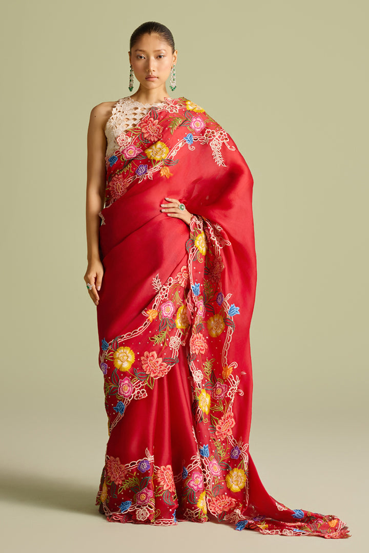 Red Multicolour Floral Embroidered Saree