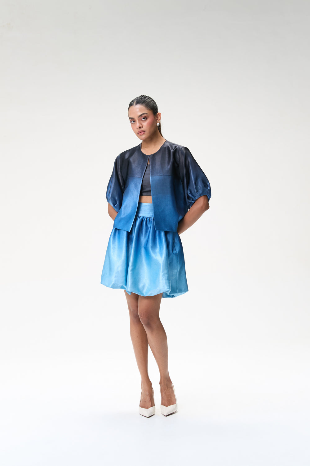 Midnight Blue Ombré Bubble Sleeve Crop Jacket & Blue Ombré Mini Bubble Skirt