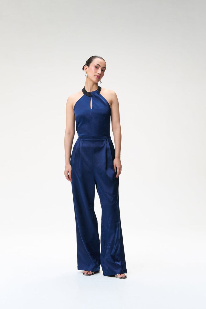 Midnight Blue Silk Jumpsuit With Contrast Collar