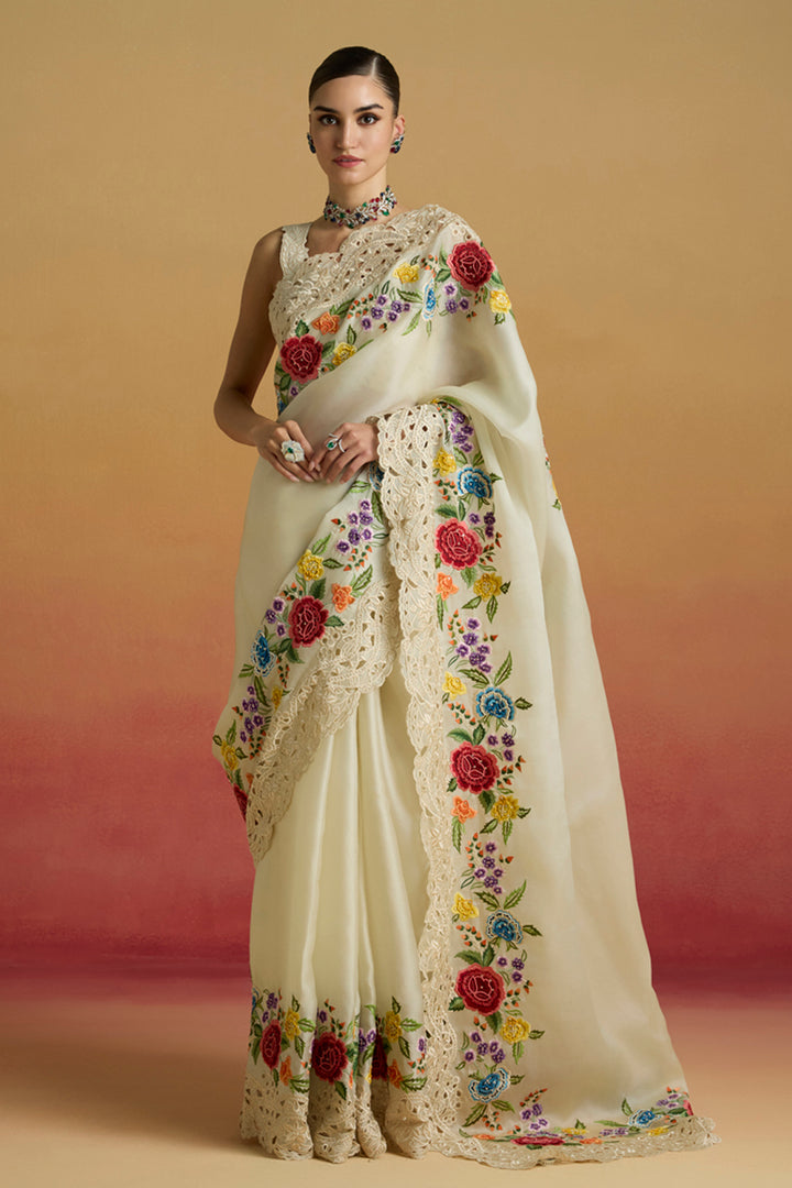 Ivory Cutwork and Floral Threadwork Saree