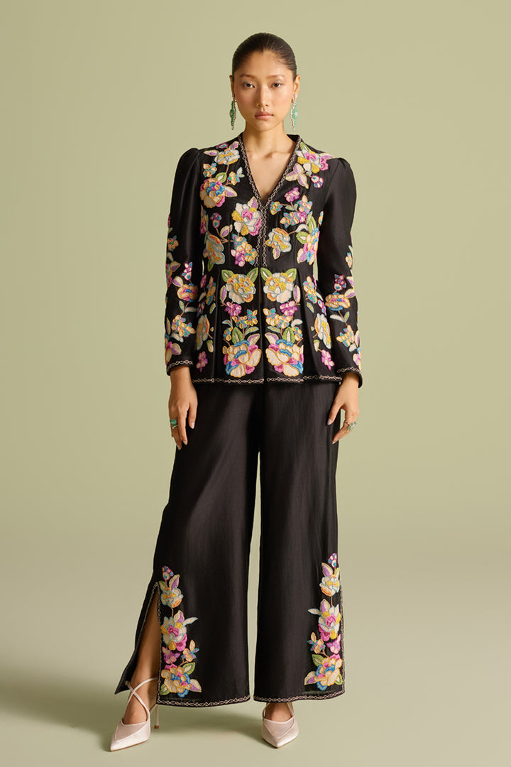 Black Cordwork and Beadwork Pleated Peplum Jacket