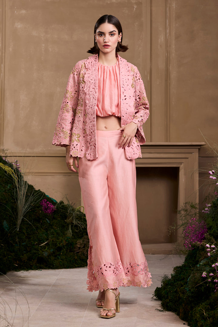 Rose Pink Metallic Applique and Cutwork Pants