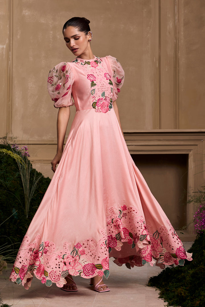 Rose Pink Embroidered Flounce Dress