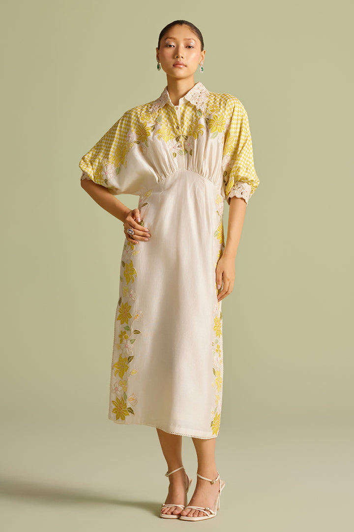 Ivory and Yellow Checkered Kimono Dress