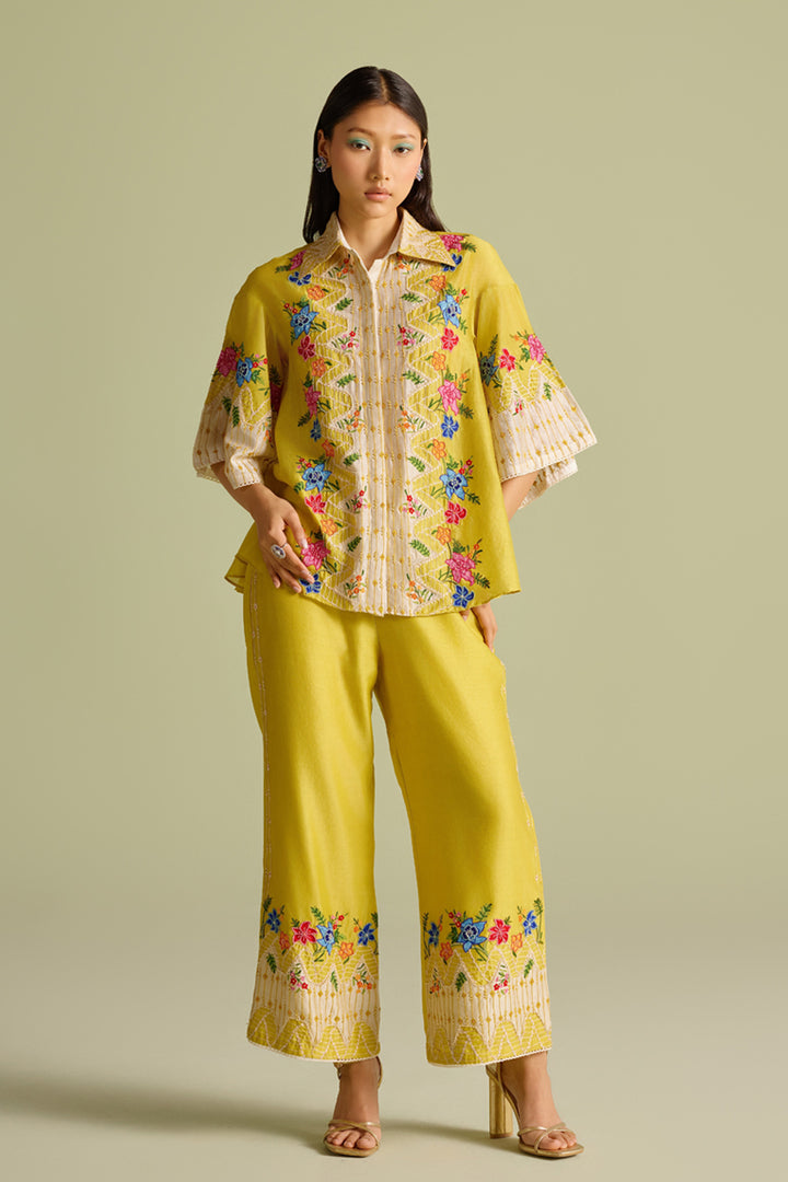 Yellow Floral Embroidered Color Block Shirt