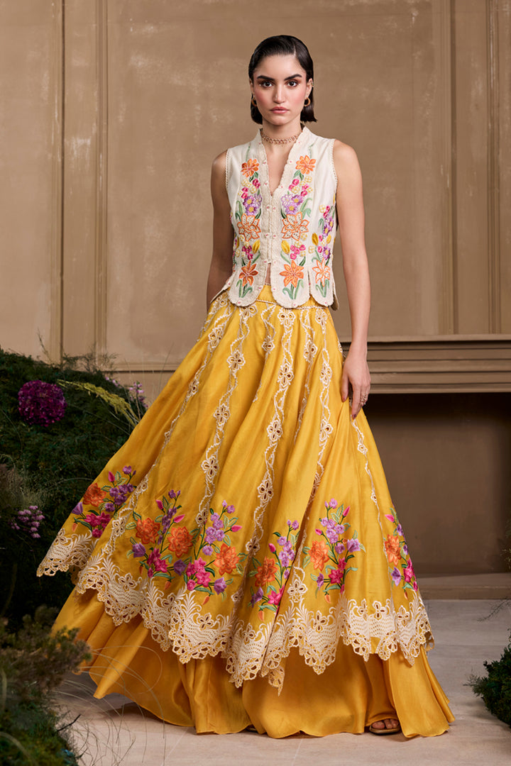 Yellow Floral Embroidered Layered Lehenga