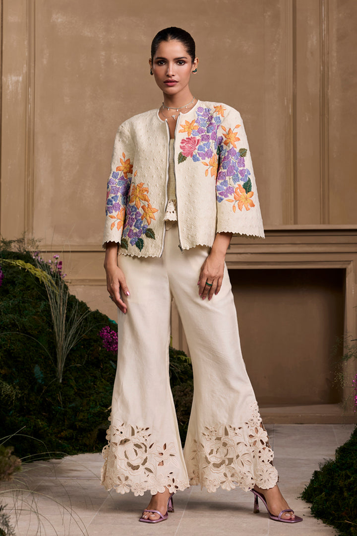 Ivory Pastel Floral Quilted Long Jacket