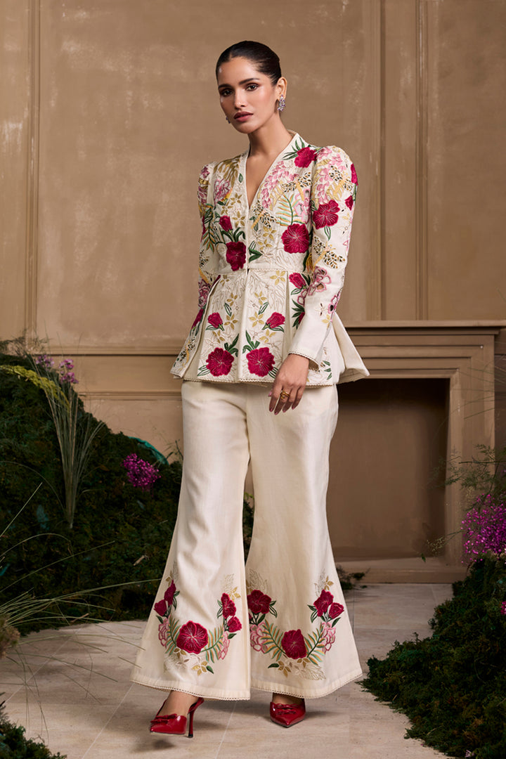 Ivory Floral Foliage Pleated Peplum Jacket