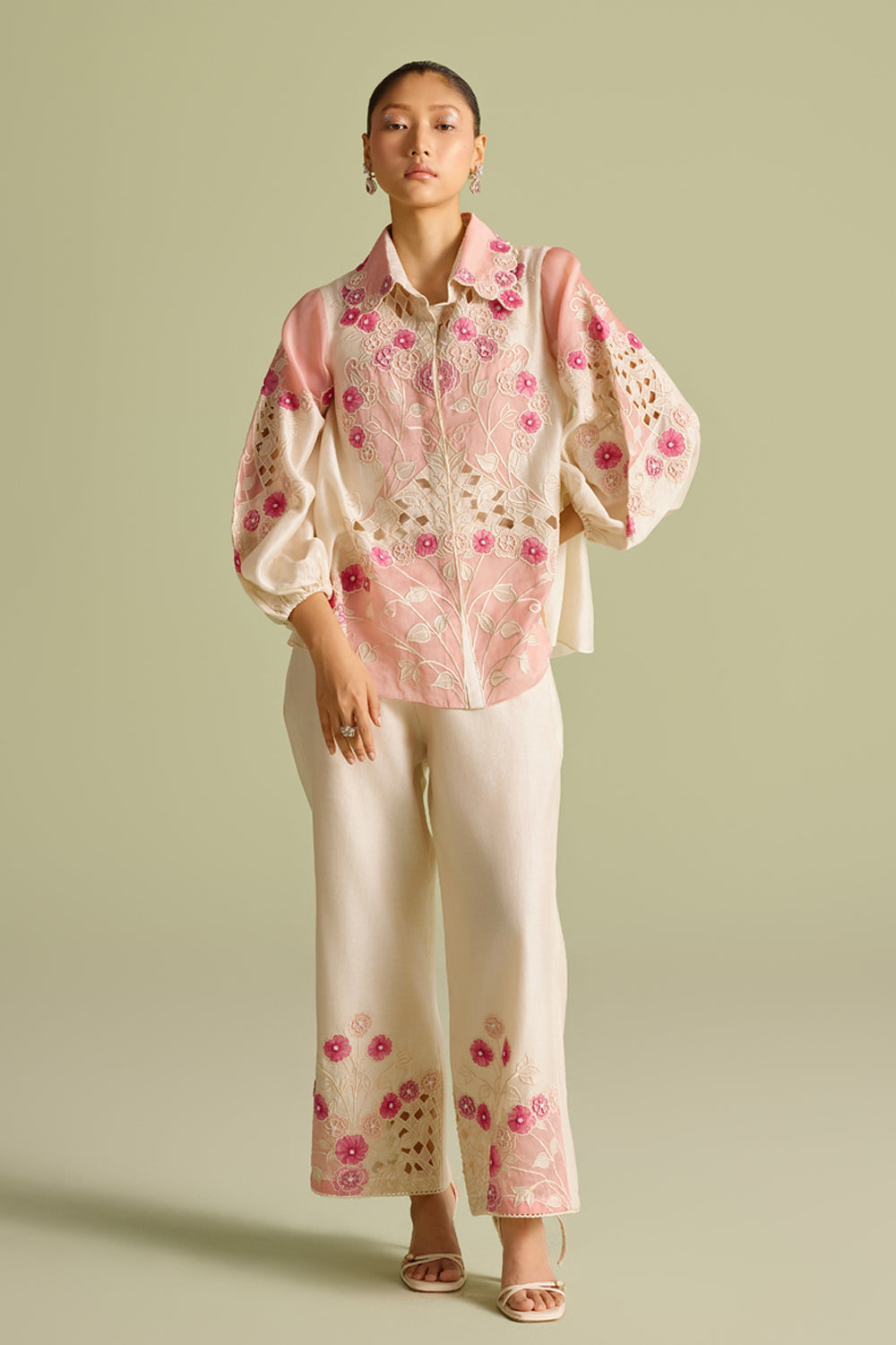Ivory & Pink Panelled Applique Shirt