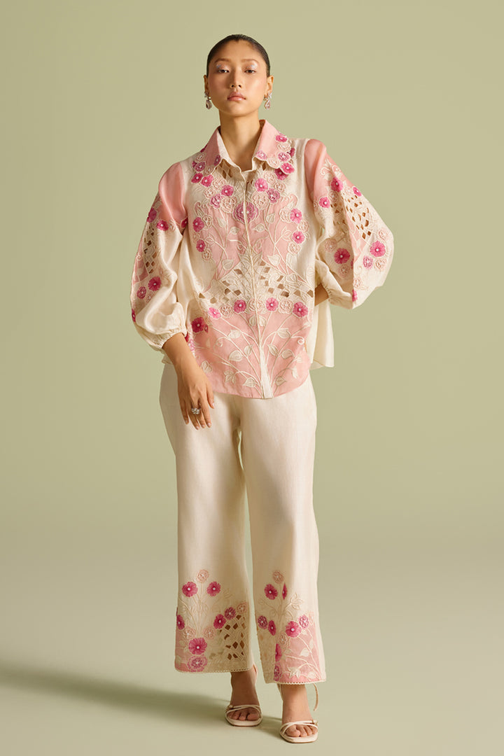 Ivory & Pink Panelled Applique Shirt