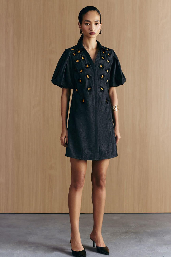 BLACK DENIM EMBELLISHED DRESS