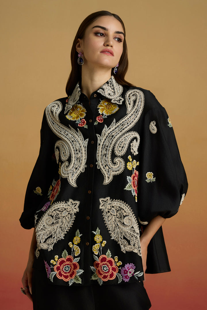 Black Contrast Paisley Shirt