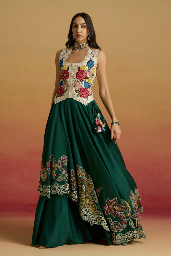 Emerald Green Paisley Embroidered Layered Lehenga