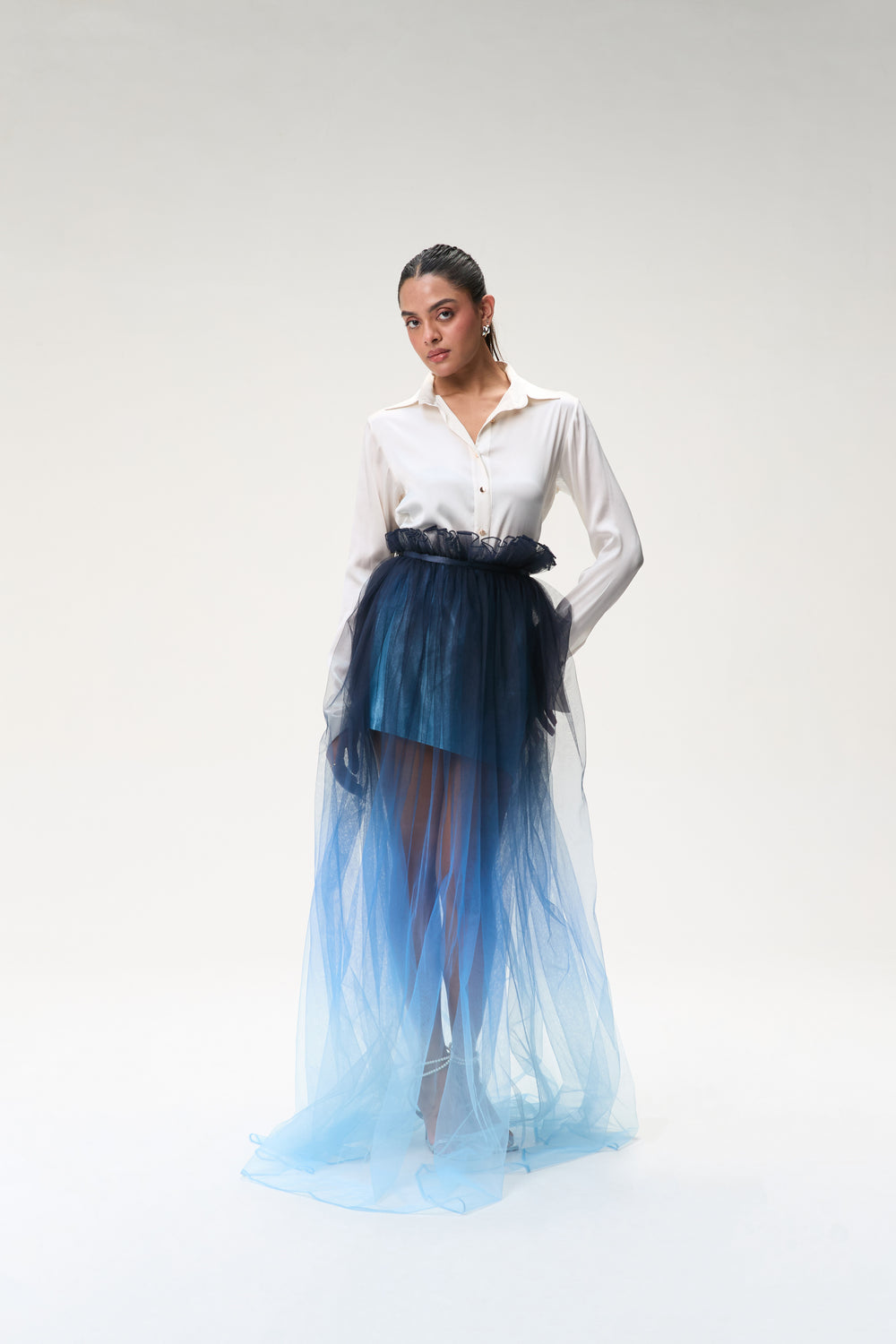 Ivory Silk Shirt & Midnight Blue Ombre Tulle Skirt