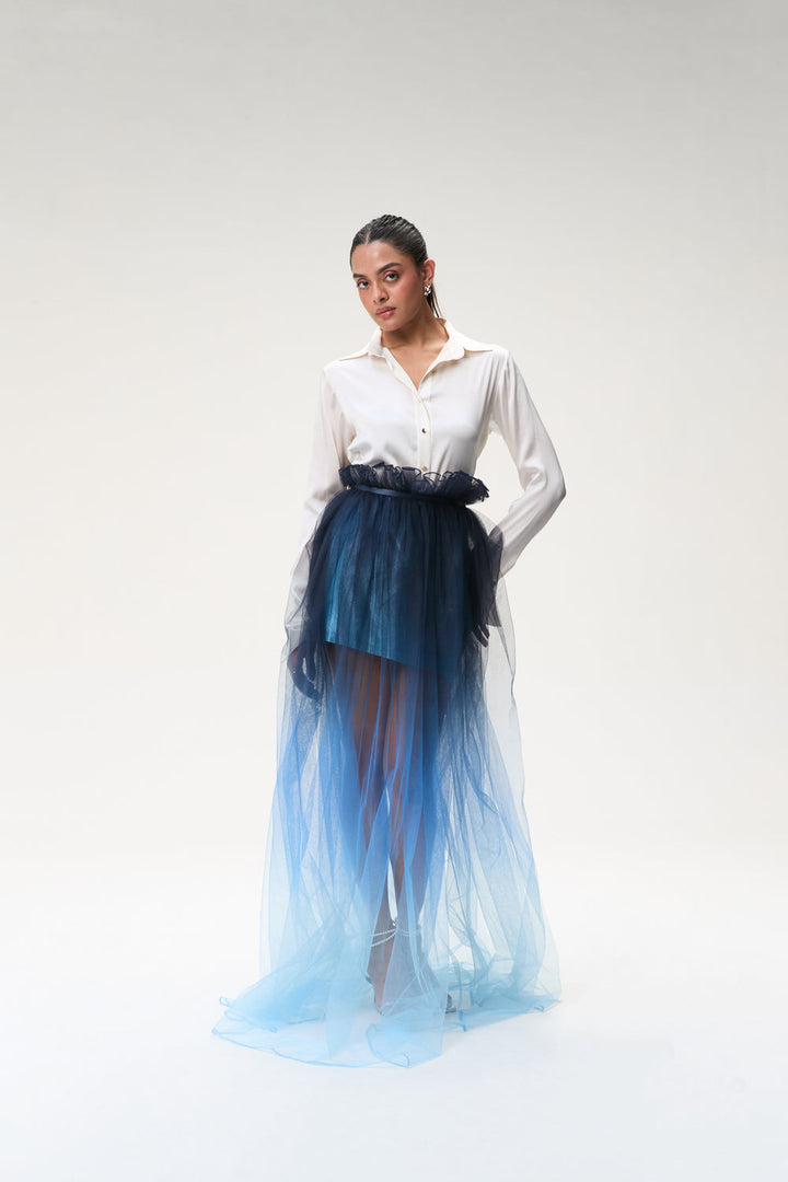 Ivory Silk Shirt & Midnight Blue Ombre Tulle Skirt