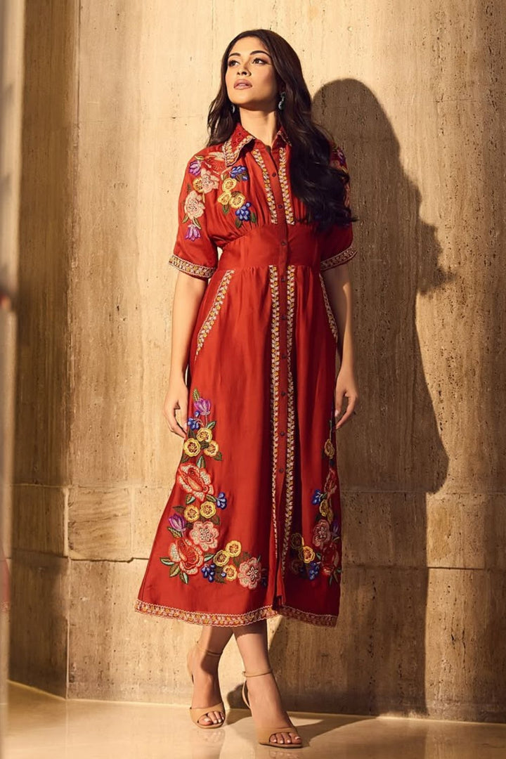 Nandini Guptaa In Our Red Embroidered Corseted Shirt Dress