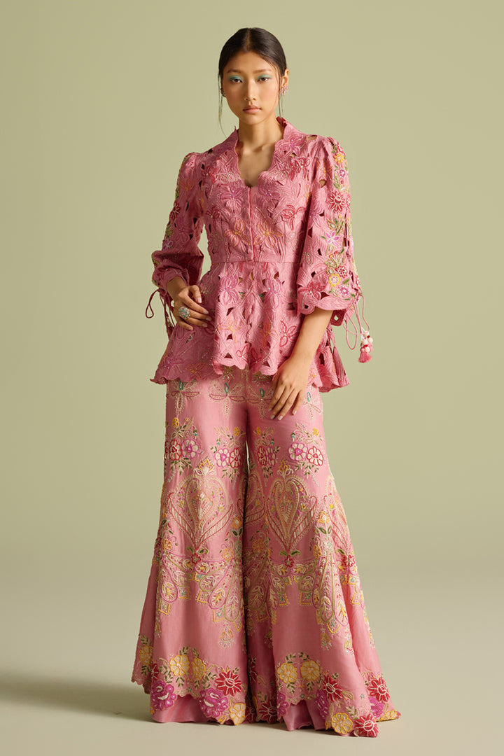 Pink Contrast Cordwork and Beadwork Sharara Pants