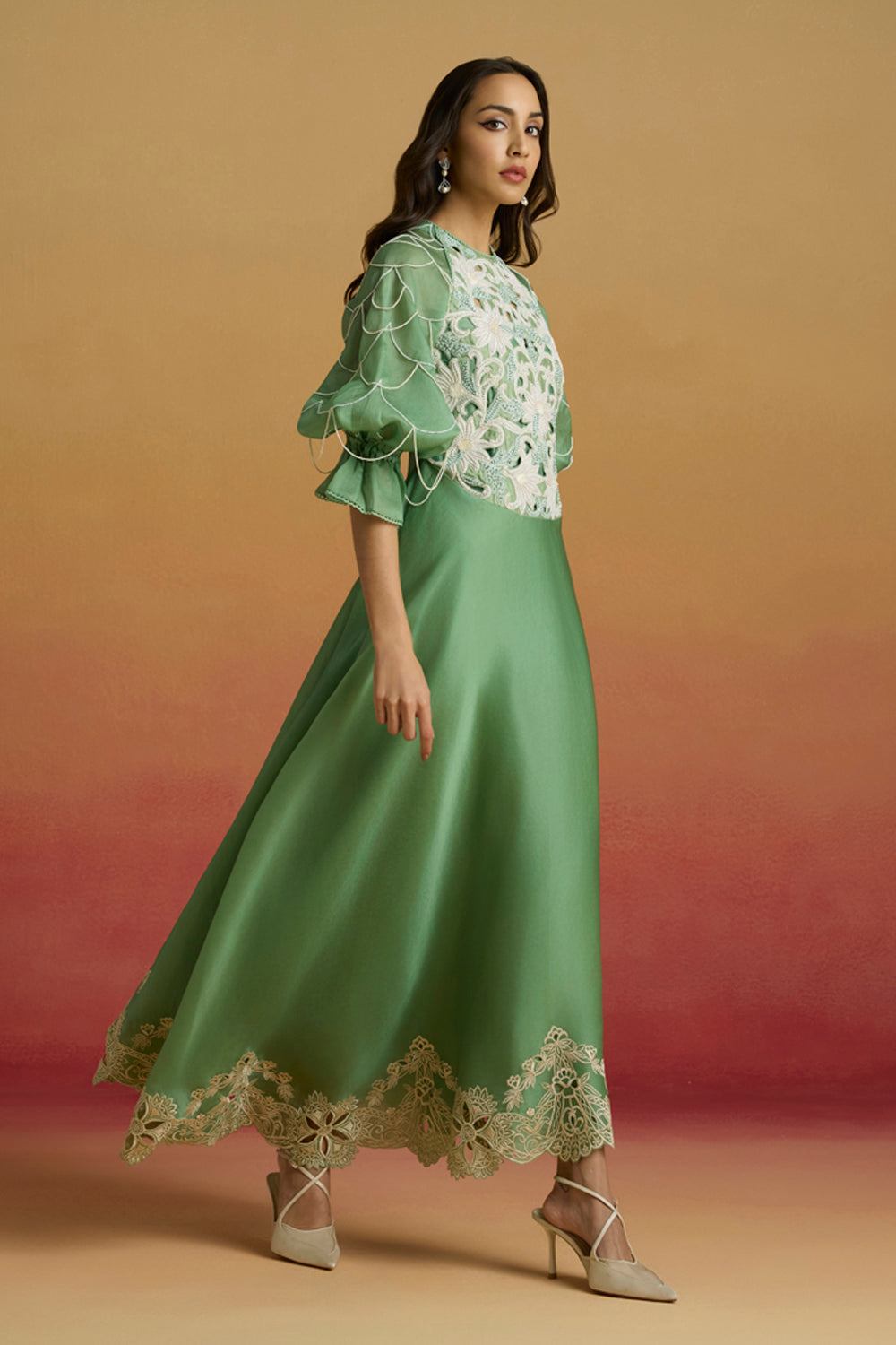 Sage Green Contrast Flounce Dress