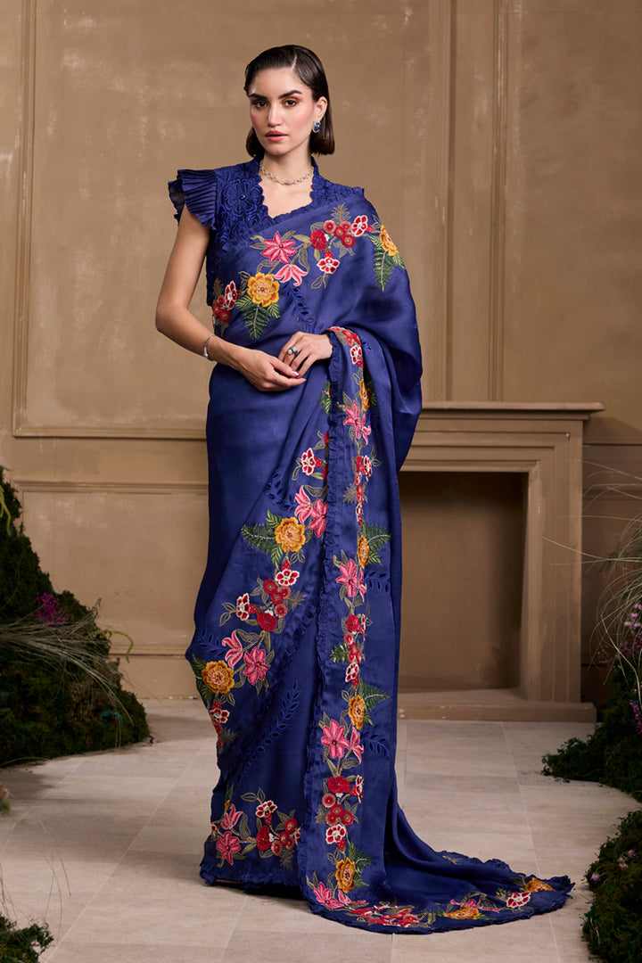 Cobalt Blue Floral Embroidered Saree