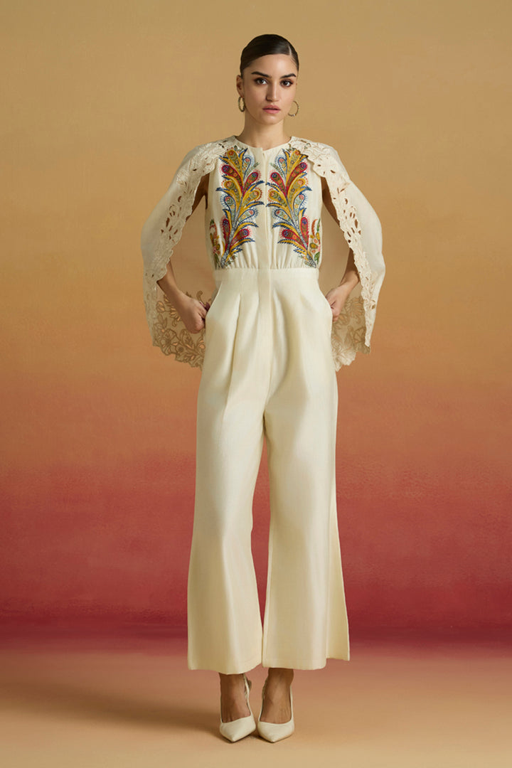 Ivory Embroidered Cape Jumpsuit