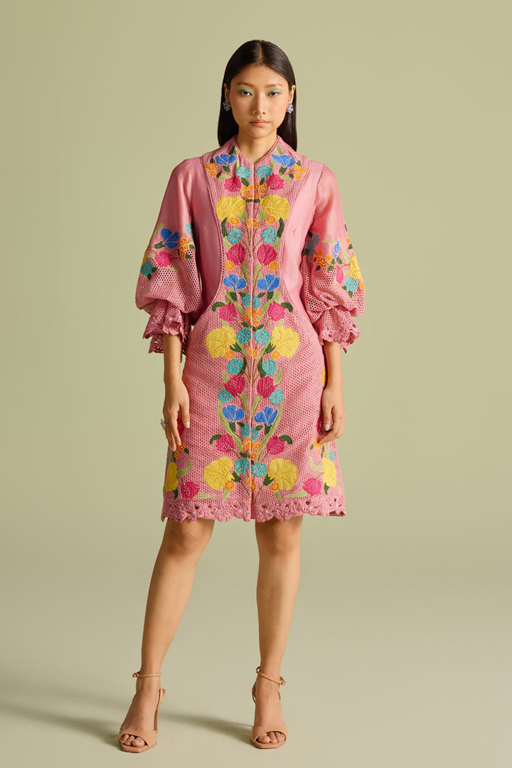 Pink Applique Mesh Layered Short Dress