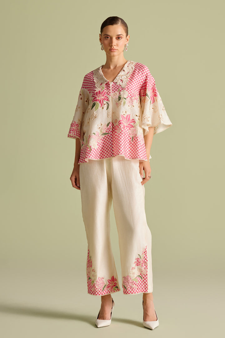 Ivory and Fuchsia Checkered Applique Shirt