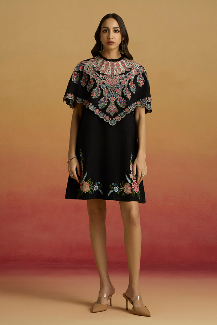 Black Applique Cape Short Dress