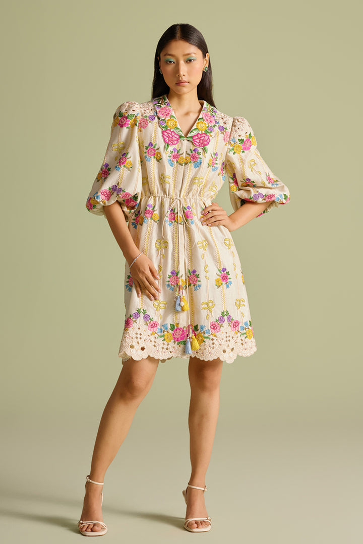 Ivory Floral Striped Short Shirt Dress