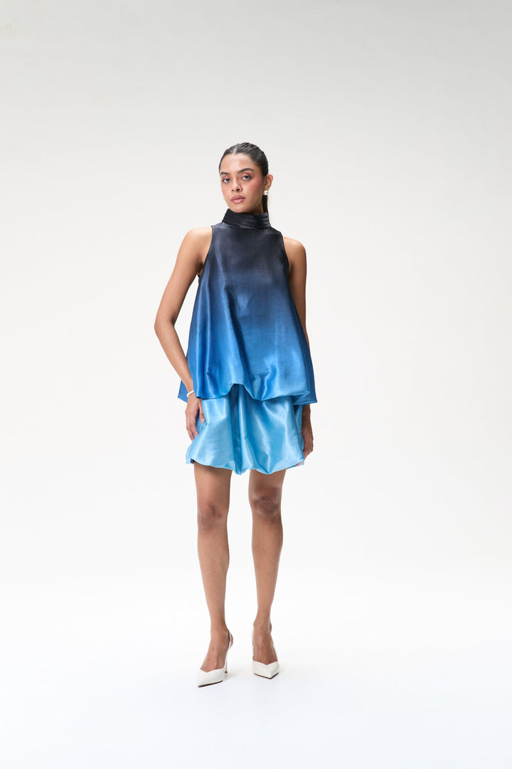 Midnight Blue Ombré Bubble Hem Halter Top & Blue Ombré Mini Bubble Skirt