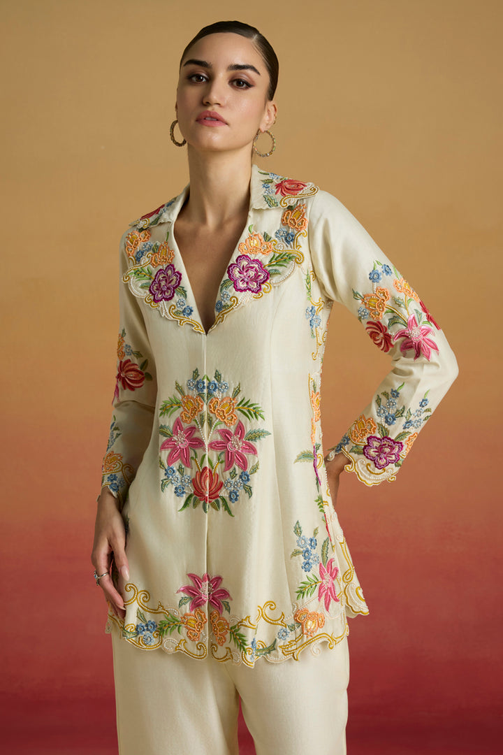 Ivory Threadwork and Beadwork Flared Jacket