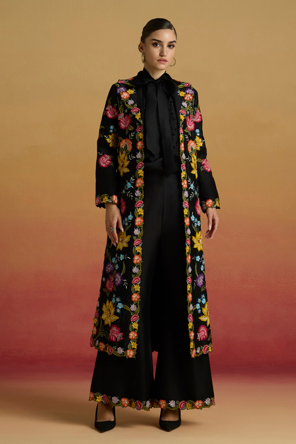 Black Floral Bell Bottom Pants