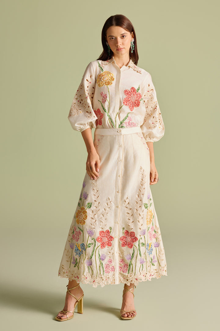 Ivory Floral Mosaic Button-down Skirt