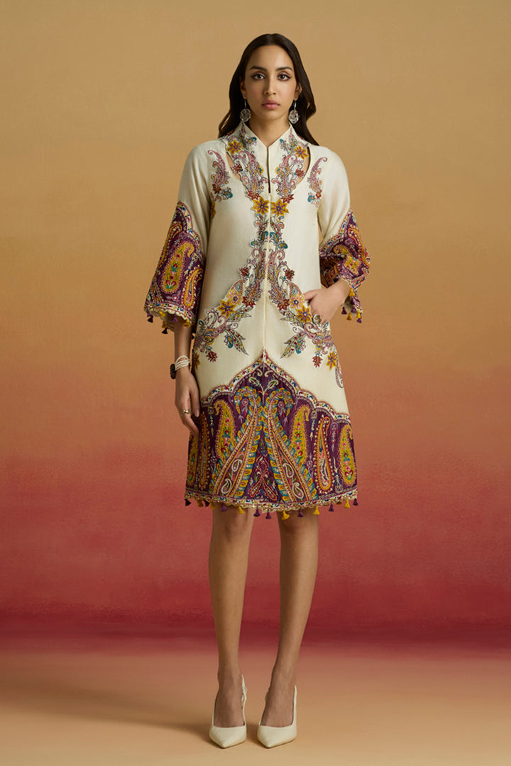 Ivory and Plum Colourblock Paisley Dress