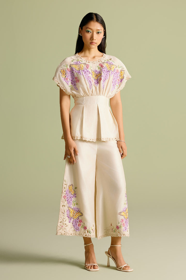 Ivory Butterfly Mosaic Pleated Top