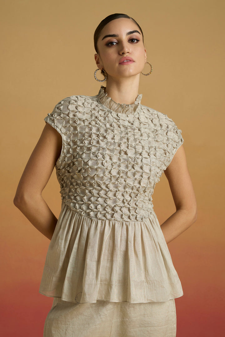 Silver Beaded Smocked Top