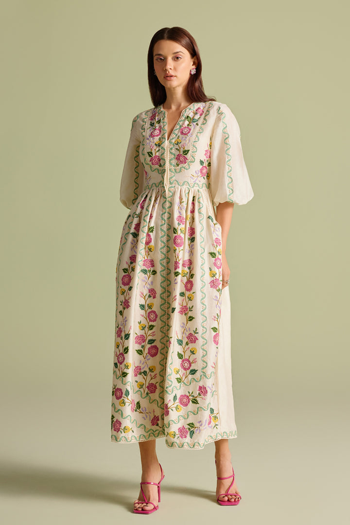 Ivory Floral Vines Midi Dress