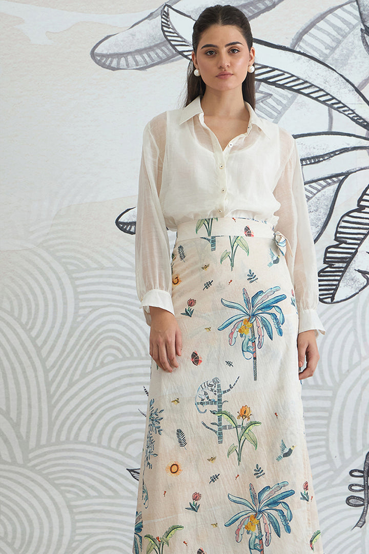 White Shirt With Jungle Wrap Skirt