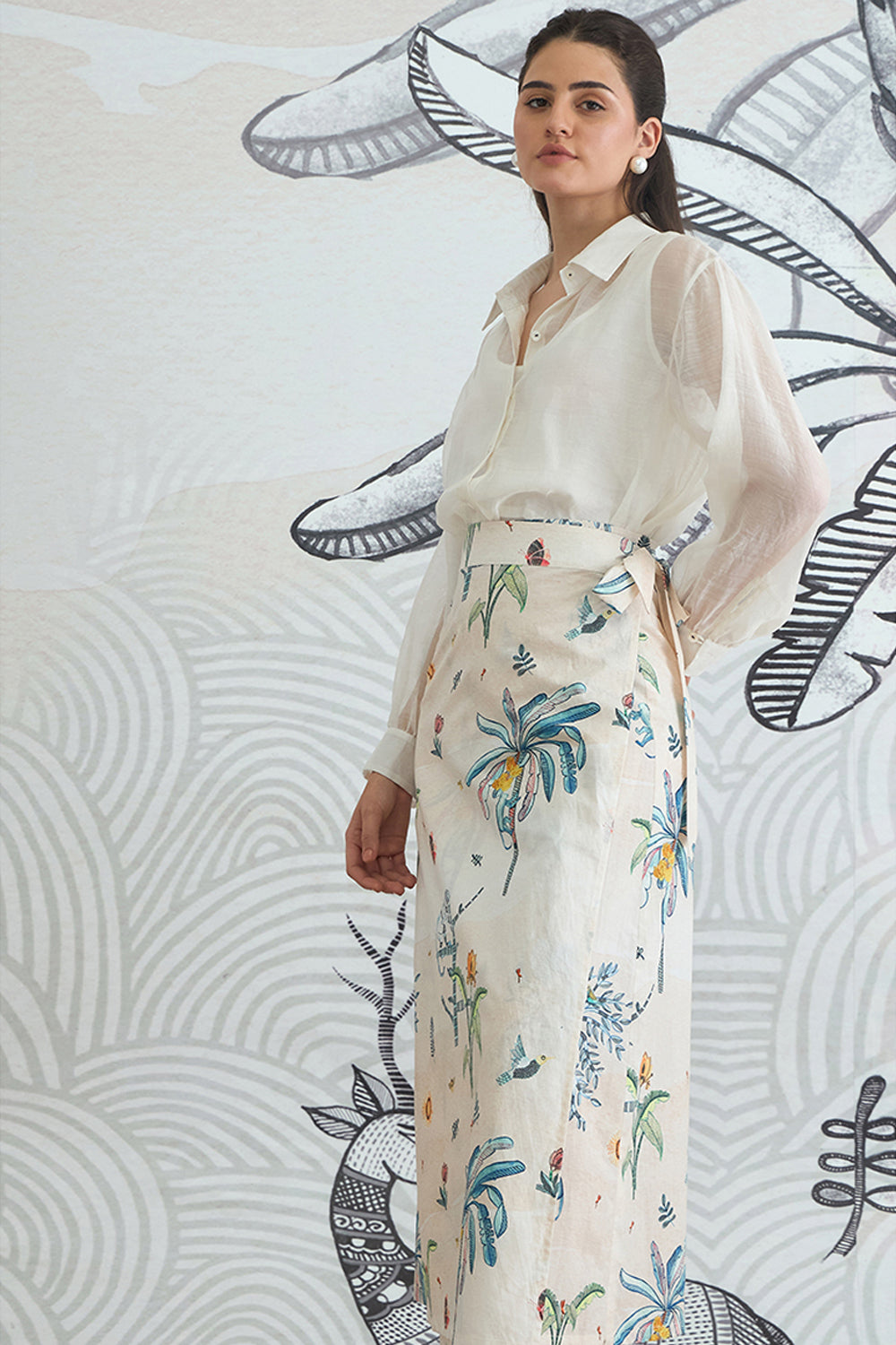 White Shirt With Jungle Wrap Skirt